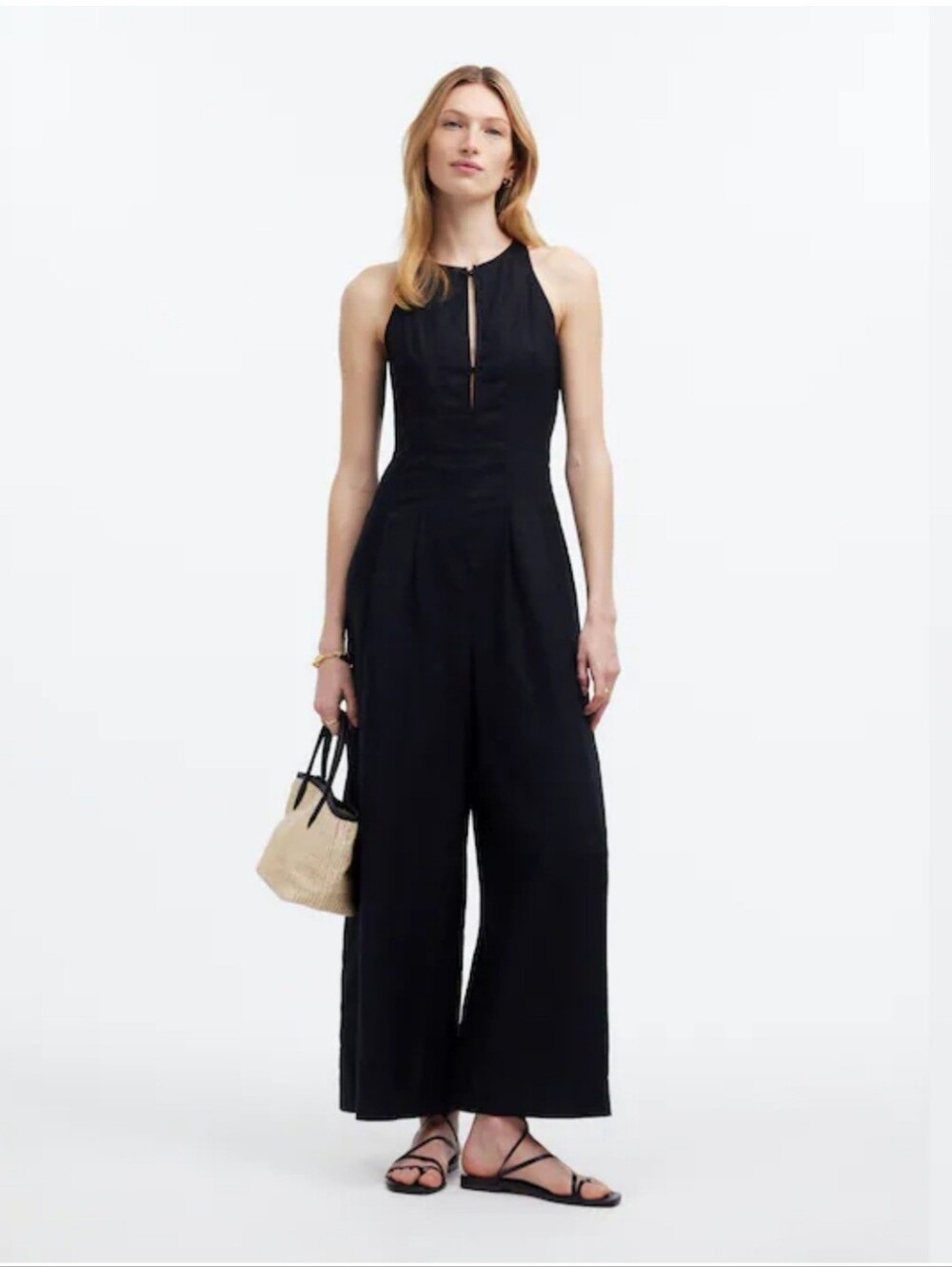 Madewell Portia Jumpsuit In Black 100% Linen Wide Leg Size 8